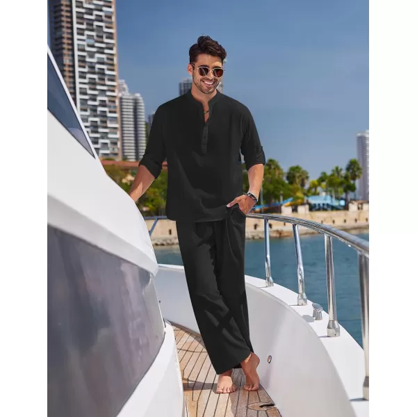 COOFANDY Men's 2 Pieces Cotton Linen Set Long Sleeve Henley Shirts Casual Beach Pants With Pockets Summer Yoga Outfits