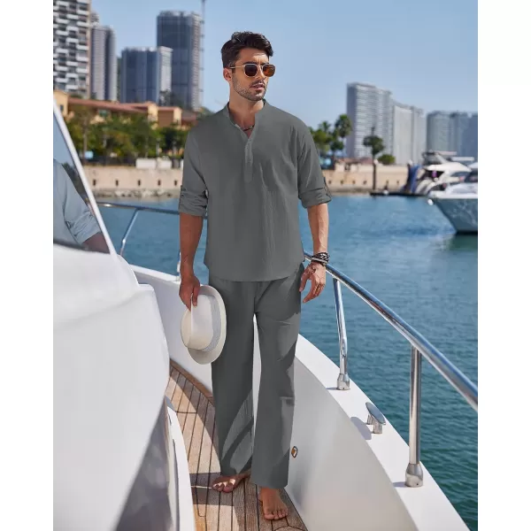 COOFANDY Men's 2 Pieces Cotton Linen Set Long Sleeve Henley Shirts Casual Beach Pants With Pockets Summer Yoga Outfits