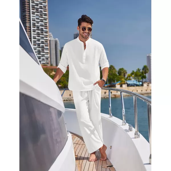 COOFANDY Men's 2 Pieces Cotton Linen Set Long Sleeve Henley Shirts Casual Beach Pants With Pockets Summer Yoga Outfits
