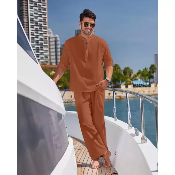COOFANDY Men's 2 Pieces Cotton Linen Set Long Sleeve Henley Shirts Casual Beach Pants With Pockets Summer Yoga Outfits