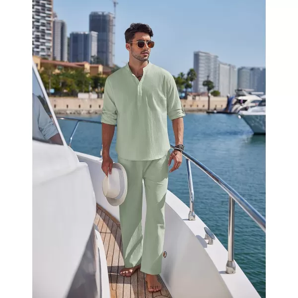 COOFANDY Men's 2 Pieces Cotton Linen Set Long Sleeve Henley Shirts Casual Beach Pants With Pockets Summer Yoga Outfits