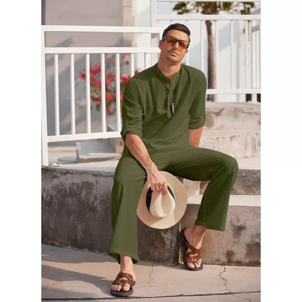 COOFANDY Men's 2 Pieces Cotton Linen Set Long Sleeve Henley Shirts Casual Beach Pants With Pockets Summer Yoga Outfits