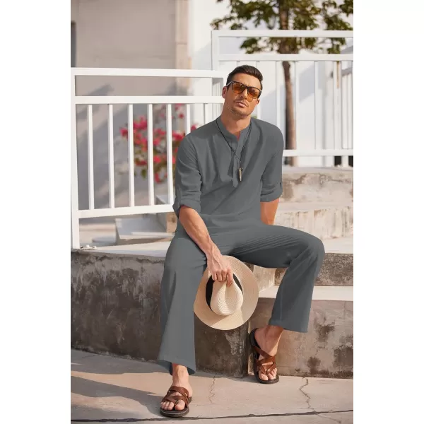 COOFANDY Men's 2 Pieces Cotton Linen Set Long Sleeve Henley Shirts Casual Beach Pants With Pockets Summer Yoga Outfits