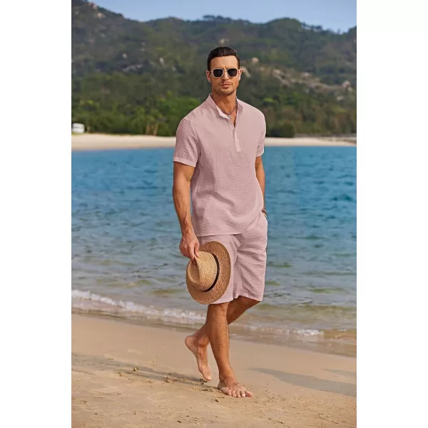 COOFANDY Men's 2 Pieces Linen Set Casual Henley Shirts Short Sleeve Beach Yoga Shorts Summer Pants Outfits
