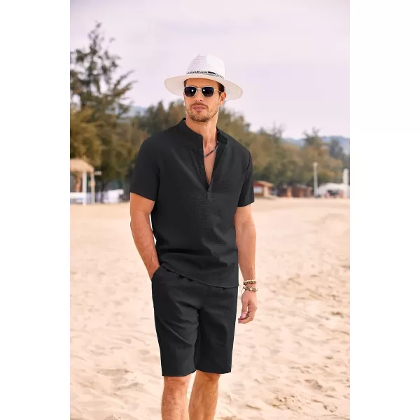 COOFANDY Men's 2 Pieces Linen Set Casual Henley Shirts Short Sleeve Beach Yoga Shorts Summer Pants Outfits