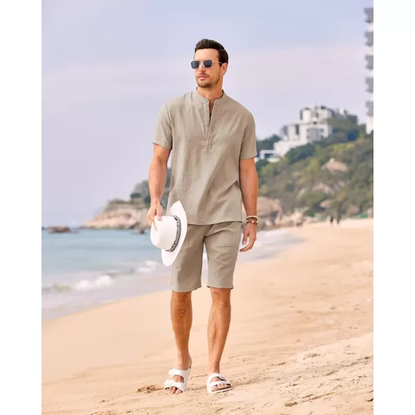 COOFANDY Men's 2 Pieces Linen Set Casual Henley Shirts Short Sleeve Beach Yoga Shorts Summer Pants Outfits