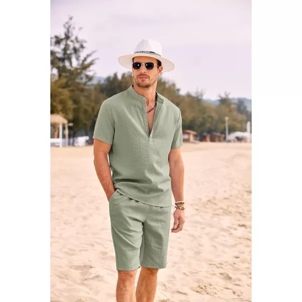 COOFANDY Men's 2 Pieces Linen Set Casual Henley Shirts Short Sleeve Beach Yoga Shorts Summer Pants Outfits
