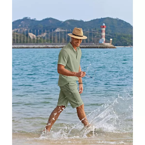 COOFANDY Men's 2 Pieces Linen Set Casual Henley Shirts Short Sleeve Beach Yoga Shorts Summer Pants Outfits
