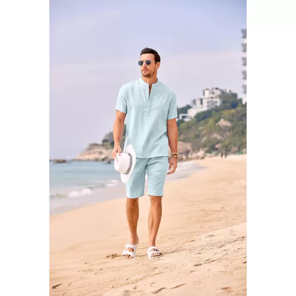 COOFANDY Men's 2 Pieces Linen Set Casual Henley Shirts Short Sleeve Beach Yoga Shorts Summer Pants Outfits