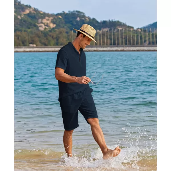 COOFANDY Men's 2 Pieces Linen Set Casual Henley Shirts Short Sleeve Beach Yoga Shorts Summer Pants Outfits