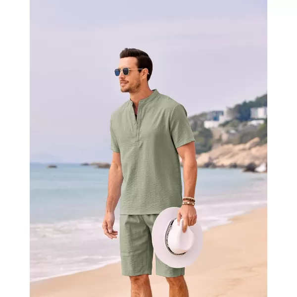 COOFANDY Men's 2 Pieces Linen Set Casual Henley Shirts Short Sleeve Beach Yoga Shorts Summer Pants Outfits
