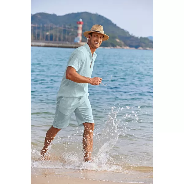 COOFANDY Men's 2 Pieces Linen Set Casual Henley Shirts Short Sleeve Beach Yoga Shorts Summer Pants Outfits