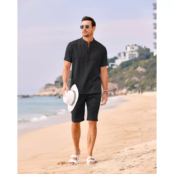 COOFANDY Men's 2 Pieces Linen Set Casual Henley Shirts Short Sleeve Beach Yoga Shorts Summer Pants Outfits