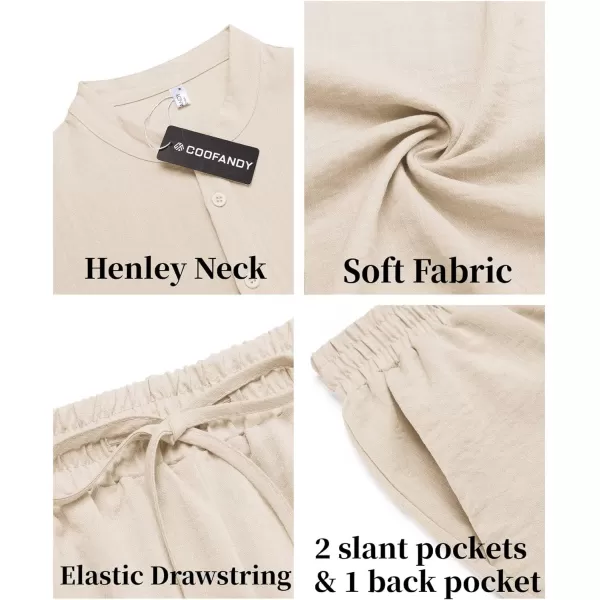 COOFANDY Men's 2 Pieces Linen Set Casual Henley Shirts Short Sleeve Beach Yoga Shorts Summer Pants Outfits