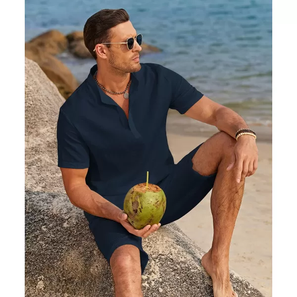 COOFANDY Men's 2 Pieces Linen Set Casual Henley Shirts Short Sleeve Beach Yoga Shorts Summer Pants Outfits