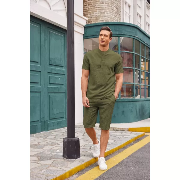 COOFANDY Men's 2 Pieces Linen Set Casual Henley Shirts Short Sleeve Beach Yoga Shorts Summer Pants Outfits