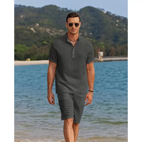 COOFANDY Men's 2 Pieces Linen Set Casual Henley Shirts Short Sleeve Beach Yoga Shorts Summer Pants Outfits