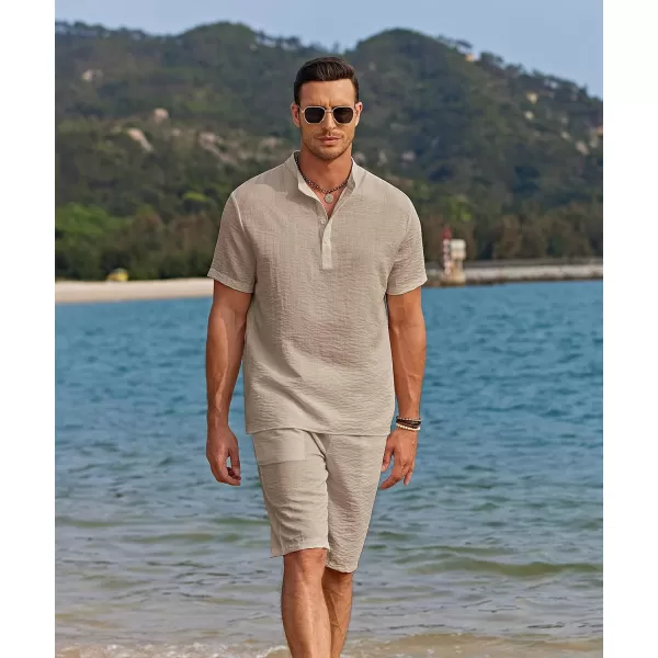 COOFANDY Men's 2 Pieces Linen Set Casual Henley Shirts Short Sleeve Beach Yoga Shorts Summer Pants Outfits