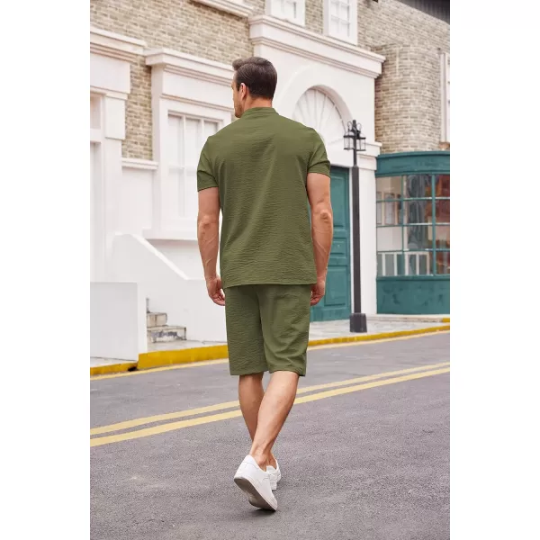 COOFANDY Men's 2 Pieces Linen Set Casual Henley Shirts Short Sleeve Beach Yoga Shorts Summer Pants Outfits