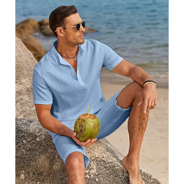 COOFANDY Men's 2 Pieces Linen Set Casual Henley Shirts Short Sleeve Beach Yoga Shorts Summer Pants Outfits