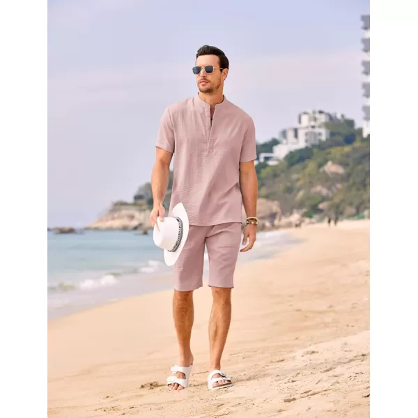 COOFANDY Men's 2 Pieces Linen Set Casual Henley Shirts Short Sleeve Beach Yoga Shorts Summer Pants Outfits