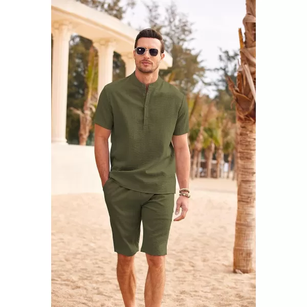 COOFANDY Men's 2 Pieces Linen Set Casual Henley Shirts Short Sleeve Beach Yoga Shorts Summer Pants Outfits