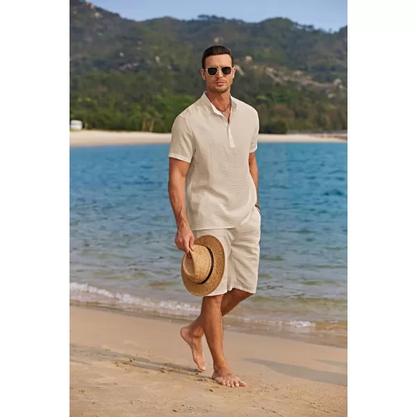 COOFANDY Men's 2 Pieces Linen Set Casual Henley Shirts Short Sleeve Beach Yoga Shorts Summer Pants Outfits