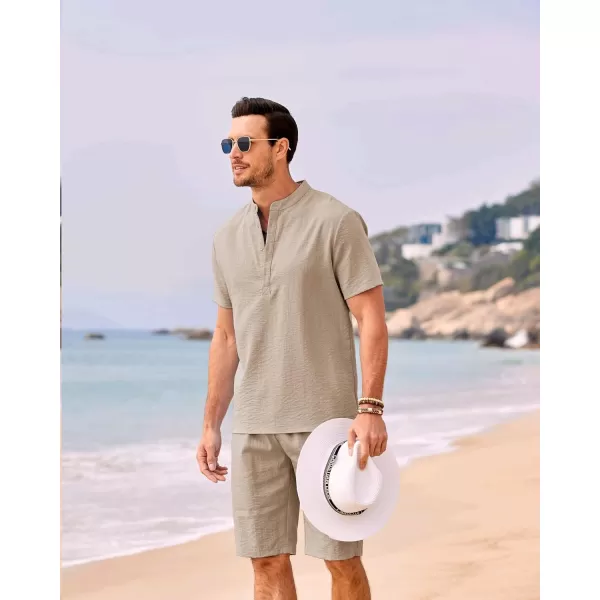 COOFANDY Men's 2 Pieces Linen Set Casual Henley Shirts Short Sleeve Beach Yoga Shorts Summer Pants Outfits