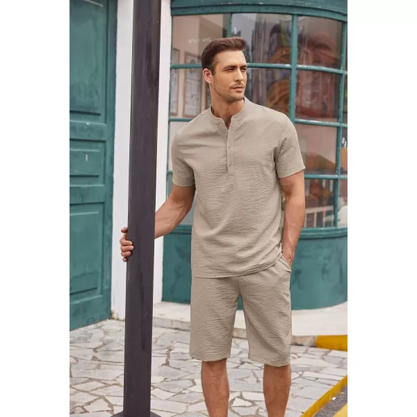 COOFANDY Men's 2 Pieces Linen Set Casual Henley Shirts Short Sleeve Beach Yoga Shorts Summer Pants Outfits