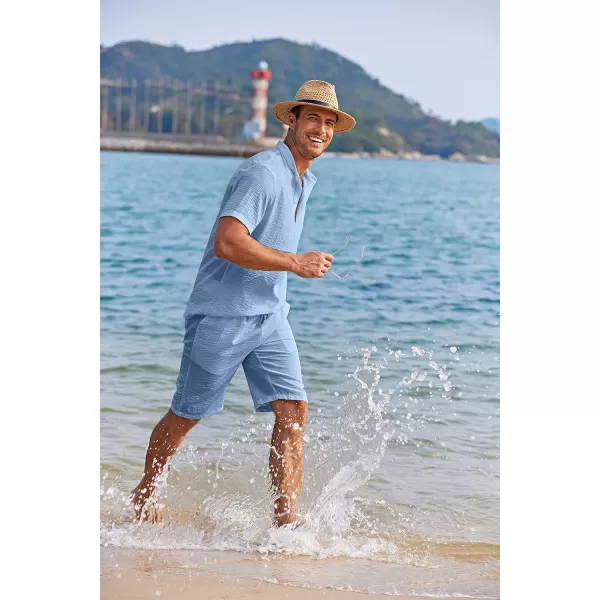 COOFANDY Men's 2 Pieces Linen Set Casual Henley Shirts Short Sleeve Beach Yoga Shorts Summer Pants Outfits