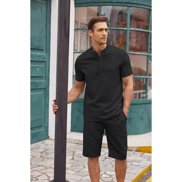 COOFANDY Men's 2 Pieces Linen Set Casual Henley Shirts Short Sleeve Beach Yoga Shorts Summer Pants Outfits