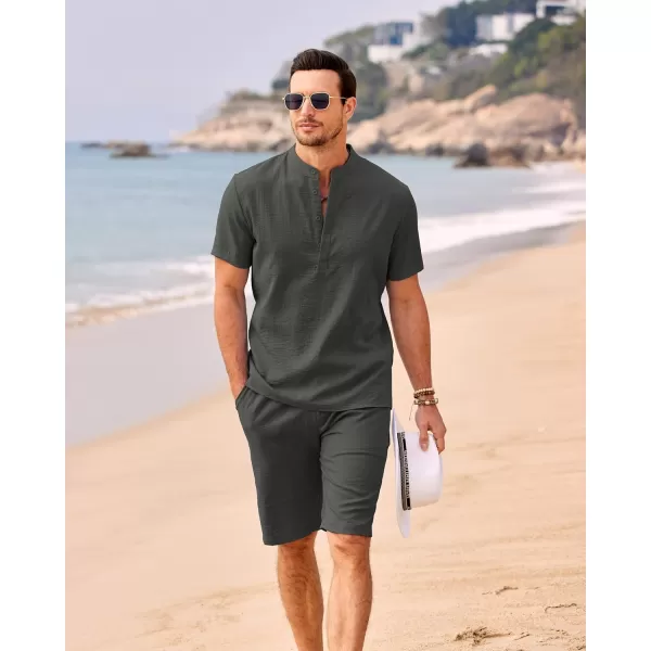 COOFANDY Men's 2 Pieces Linen Set Casual Henley Shirts Short Sleeve Beach Yoga Shorts Summer Pants Outfits