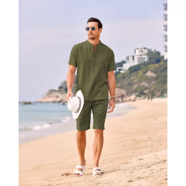 COOFANDY Men's 2 Pieces Linen Set Casual Henley Shirts Short Sleeve Beach Yoga Shorts Summer Pants Outfits