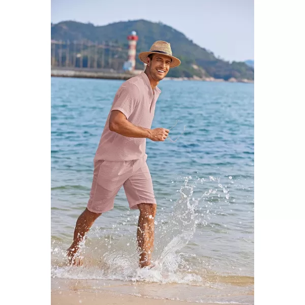 COOFANDY Men's 2 Pieces Linen Set Casual Henley Shirts Short Sleeve Beach Yoga Shorts Summer Pants Outfits