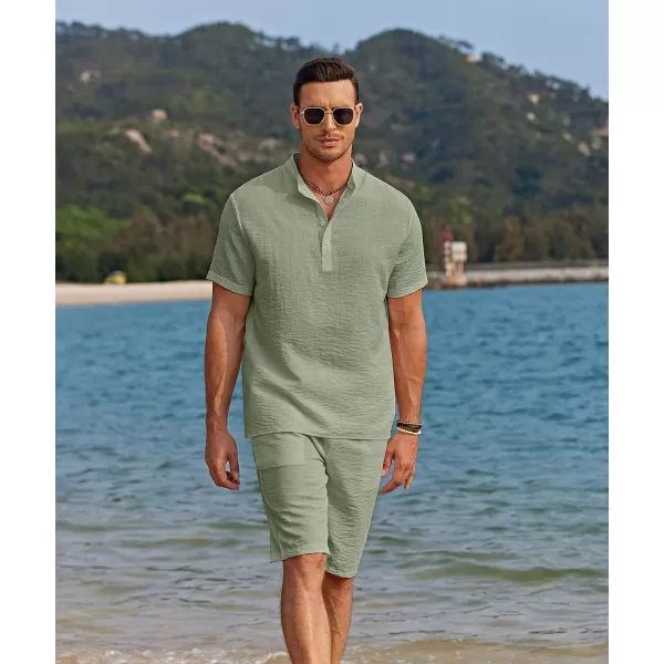 COOFANDY Men's 2 Pieces Linen Set Casual Henley Shirts Short Sleeve Beach Yoga Shorts Summer Pants Outfits