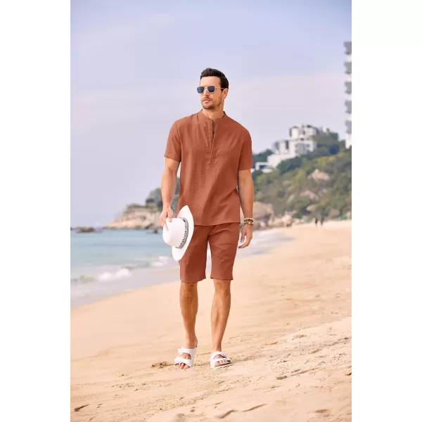 COOFANDY Men's 2 Pieces Linen Set Casual Henley Shirts Short Sleeve Beach Yoga Shorts Summer Pants Outfits