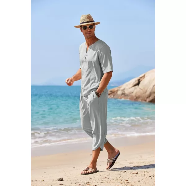 COOFANDY Men's 2 Pieces Linen Set Henley Shirt Short Sleeve and Harem Capri Pants Wide Leg Baggy Beach Yoga Trousers Outfits