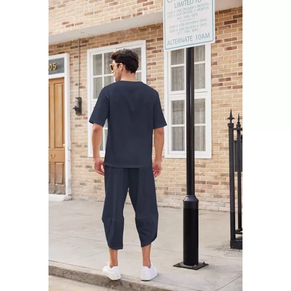 COOFANDY Men's 2 Pieces Linen Set Henley Shirt Short Sleeve and Harem Capri Pants Wide Leg Baggy Beach Yoga Trousers Outfits