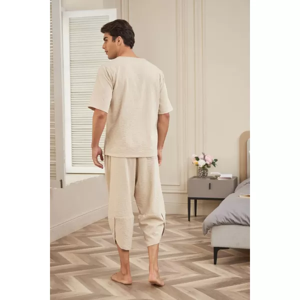 COOFANDY Men's 2 Pieces Linen Set Henley Shirt Short Sleeve and Harem Capri Pants Wide Leg Baggy Beach Yoga Trousers Outfits