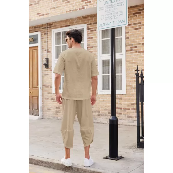 COOFANDY Men's 2 Pieces Linen Set Henley Shirt Short Sleeve and Harem Capri Pants Wide Leg Baggy Beach Yoga Trousers Outfits