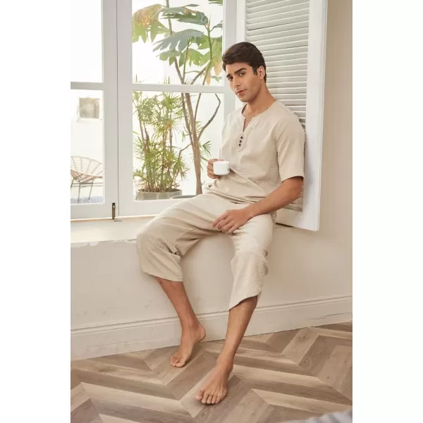 COOFANDY Men's 2 Pieces Linen Set Henley Shirt Short Sleeve and Harem Capri Pants Wide Leg Baggy Beach Yoga Trousers Outfits