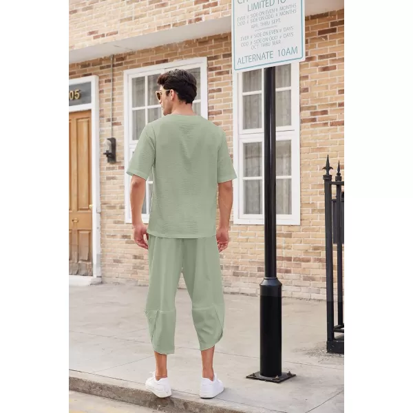 COOFANDY Men's 2 Pieces Linen Set Henley Shirt Short Sleeve and Harem Capri Pants Wide Leg Baggy Beach Yoga Trousers Outfits
