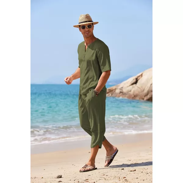 COOFANDY Men's 2 Pieces Linen Set Henley Shirt Short Sleeve and Harem Capri Pants Wide Leg Baggy Beach Yoga Trousers Outfits