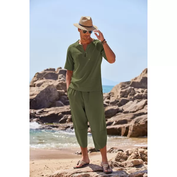 COOFANDY Men's 2 Pieces Linen Set Henley Shirt Short Sleeve and Harem Capri Pants Wide Leg Baggy Beach Yoga Trousers Outfits