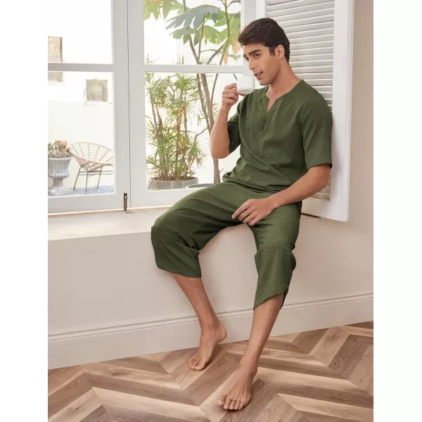COOFANDY Men's 2 Pieces Linen Set Henley Shirt Short Sleeve and Harem Capri Pants Wide Leg Baggy Beach Yoga Trousers Outfits
