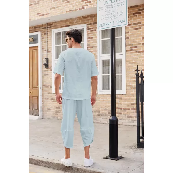 COOFANDY Men's 2 Pieces Linen Set Henley Shirt Short Sleeve and Harem Capri Pants Wide Leg Baggy Beach Yoga Trousers Outfits