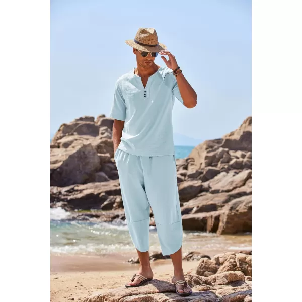 COOFANDY Men's 2 Pieces Linen Set Henley Shirt Short Sleeve and Harem Capri Pants Wide Leg Baggy Beach Yoga Trousers Outfits