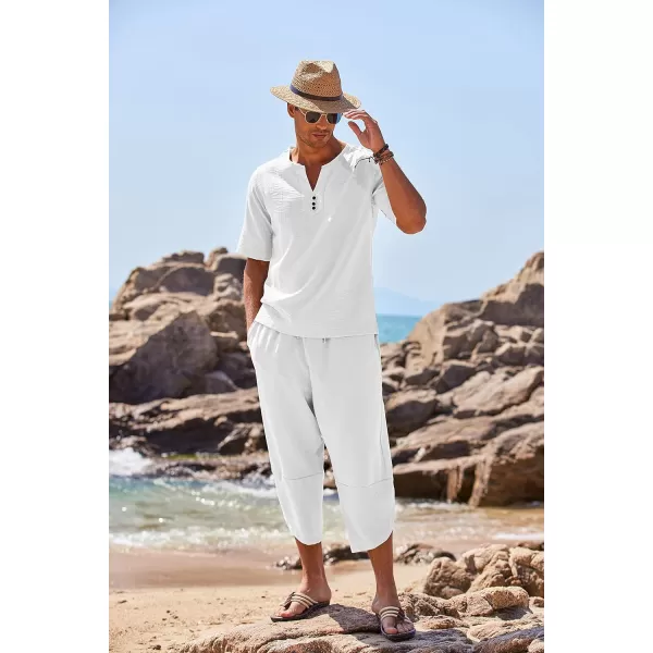 COOFANDY Men's 2 Pieces Linen Set Henley Shirt Short Sleeve and Harem Capri Pants Wide Leg Baggy Beach Yoga Trousers Outfits