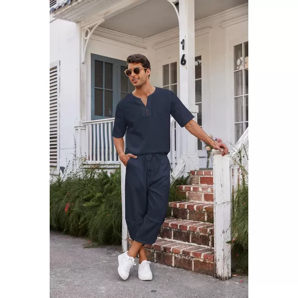 COOFANDY Men's 2 Pieces Linen Set Henley Shirt Short Sleeve and Harem Capri Pants Wide Leg Baggy Beach Yoga Trousers Outfits