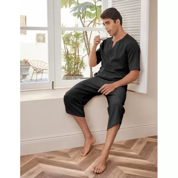 COOFANDY Men's 2 Pieces Linen Set Henley Shirt Short Sleeve and Harem Capri Pants Wide Leg Baggy Beach Yoga Trousers Outfits